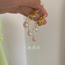 TWOR original niche design advanced feel wax drops gilded s925 silver pin retro Pearl tassel earrings retro