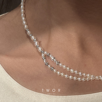 TWOR niche design sense double stack wearing s925 silver beads natural pearl necklace female fairy air choker