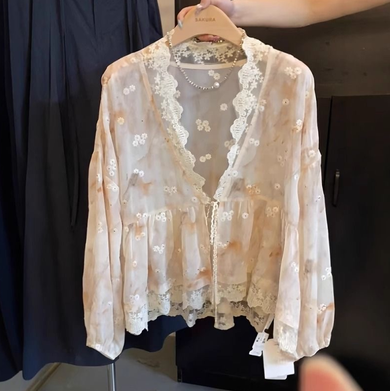 French V Neck Floral Embroidered Lace Splicing Strappy Sun Protection Shirt for Women Spring Style Long-Sleeved Design Chiffon Shirt for Women