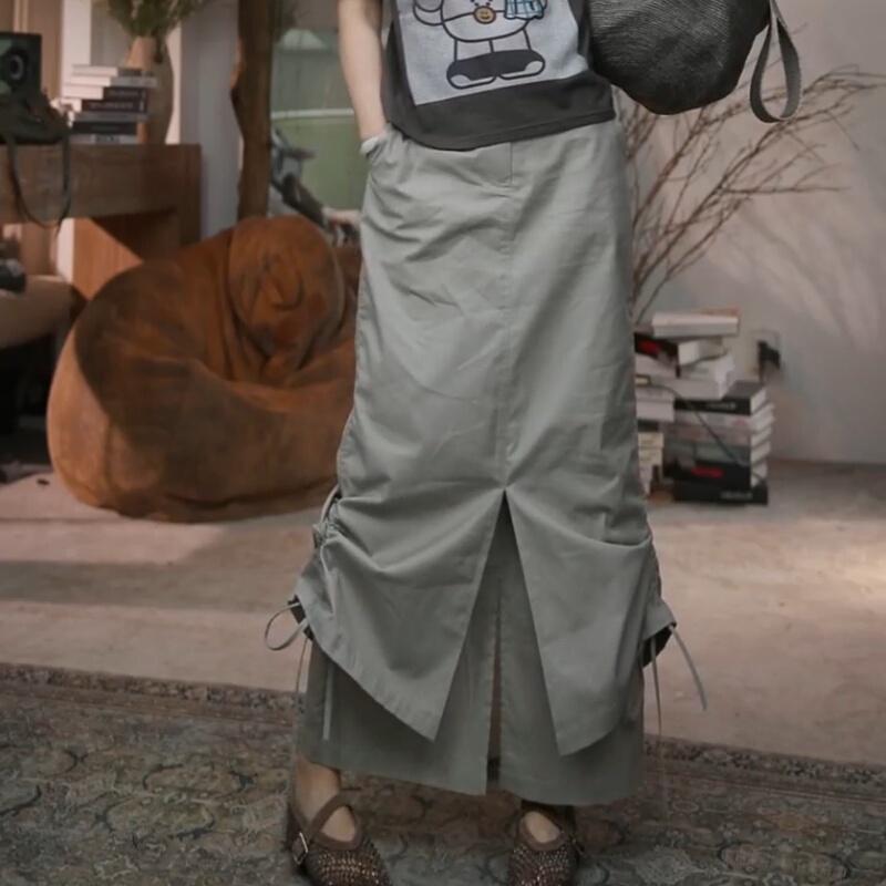 Infobyfive Summer Fake Two-Piece Patchwork Front Slit Workwear Skirt Drawstring Ruched Skirt Nf0602067 Infobyfive Summer Fake Two-Piece Patchwork Front Slit Workwear Skirt Drawstring Ruched Skirt Nf0602067