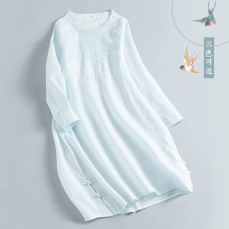 Thanh cong cổ tròn thêu đĩa nút áo lanh dài tay vải cotton và vải lanh thêu áo choàng dài giữa trẻ em văn học và nghệ thuật Phong cách Trung Quốc - Sản phẩm HOT