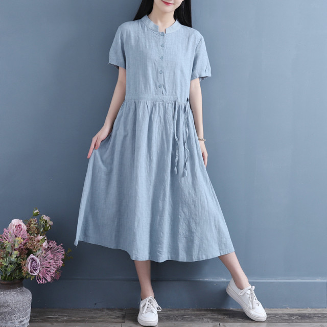 Literary retro short-sleeved A-line skirt summer new solid color cotton and linen belted skirt temperament simple dress for women