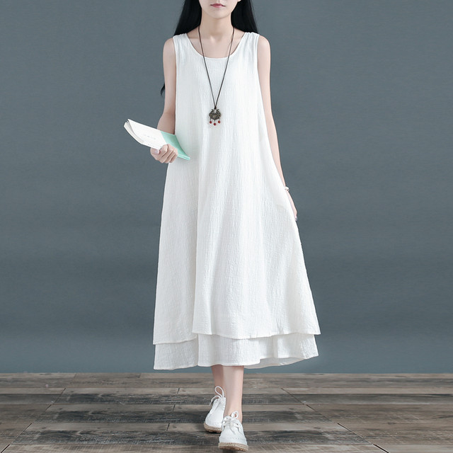 Chinese Style Sleeveless Double Layer Skirt Cotton Linen Swing Skirt Linen Long Bottom Dress Literary Fan Vest Long Skirt