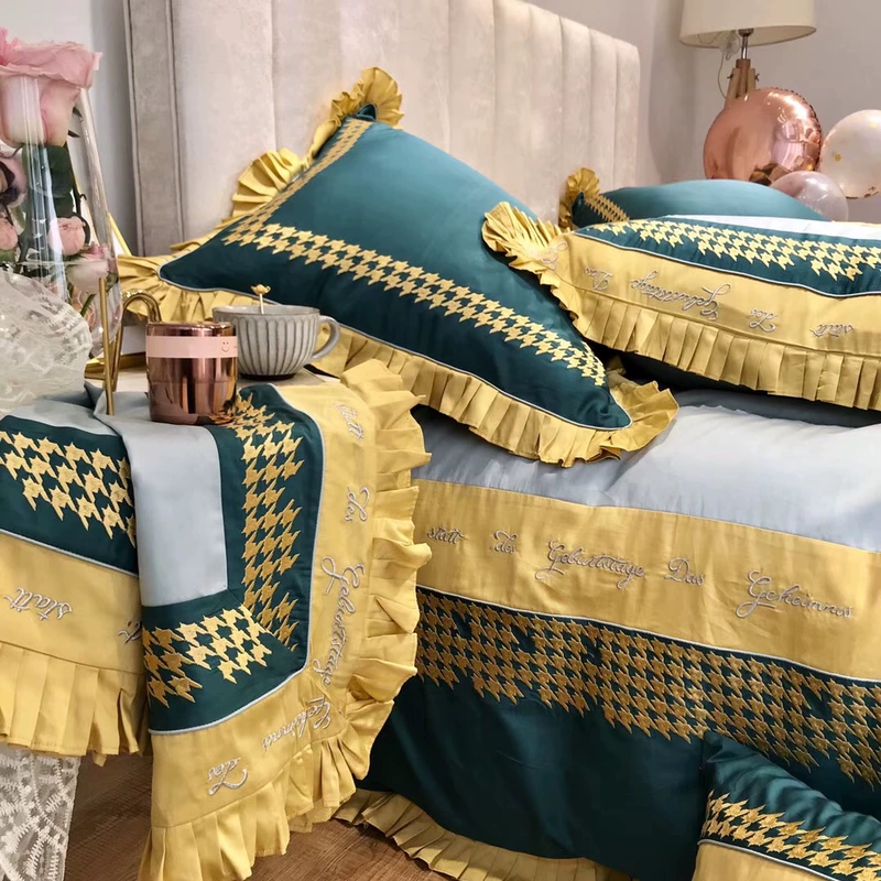 Đơn giản dài Mỹ chủ yếu cotton 60 cao cấp ánh sáng sang trọng houndstooth thêu bốn mảnh bộ bông xù màu rắn phù hợp - Bộ đồ giường bốn mảnh