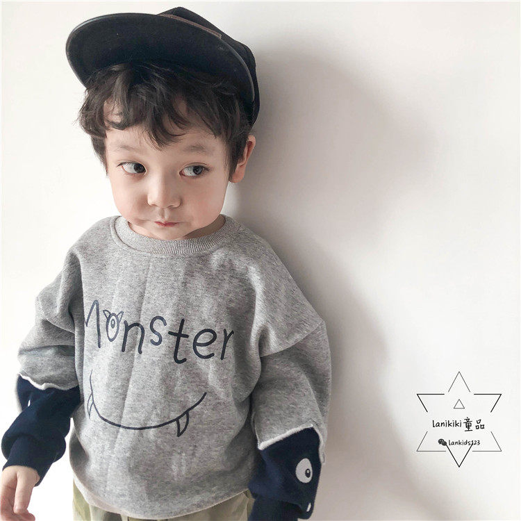 LANIKIKI spring and autumn new original style boys and girls cute little monster letters thick cotton T terry plus velvet