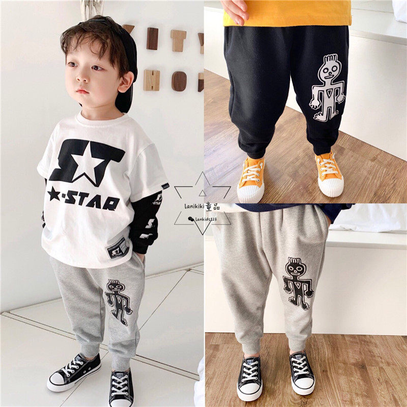 LANIKIKI Spring and Autumn New Cute Small Skull Personalized Printed terry Pants Elastic Waist Casual Pants