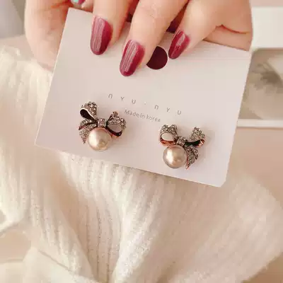 Pearl bow stud earrings 2021 New Tide premium earrings female summer retro sterling silver needle earring temperament