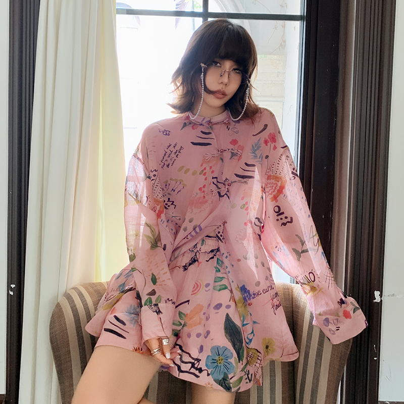 Mo2026 Pink Pure Ramie Young People's New Chinese Style Long-Sleeved Shorts Printed Suit Thin Style for Young Ladies Summer
