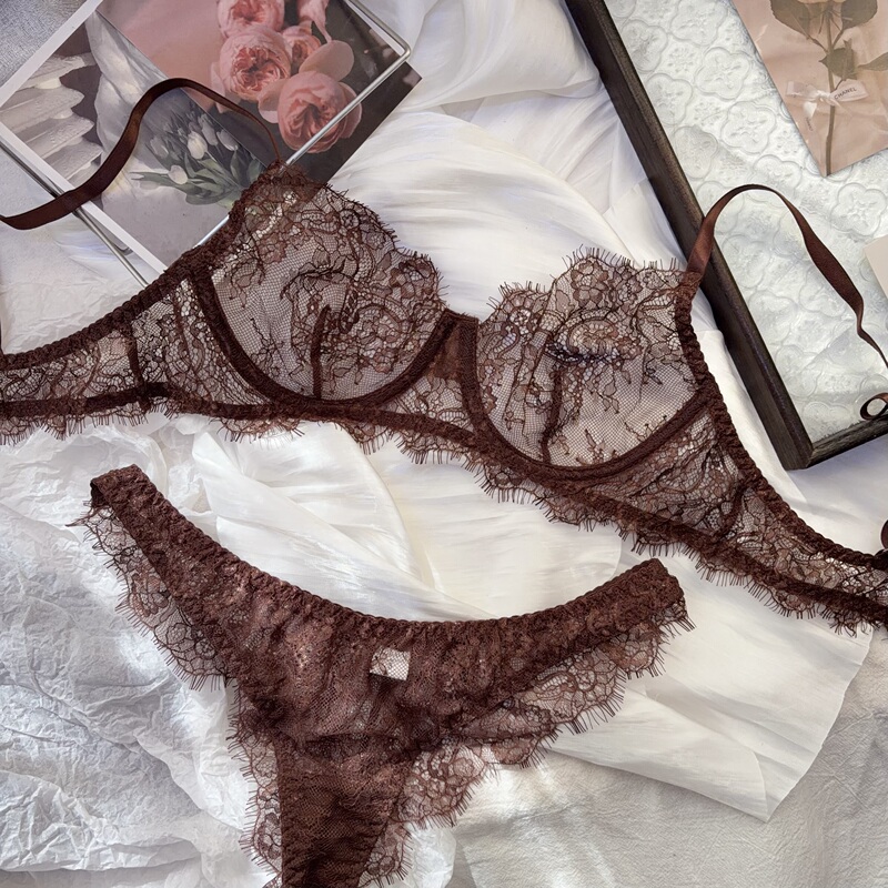 Brown French-Style Sexy Lace Bra Set for Women, Ultra-Thin Eyelash Lace Transparent Underwire Bra
