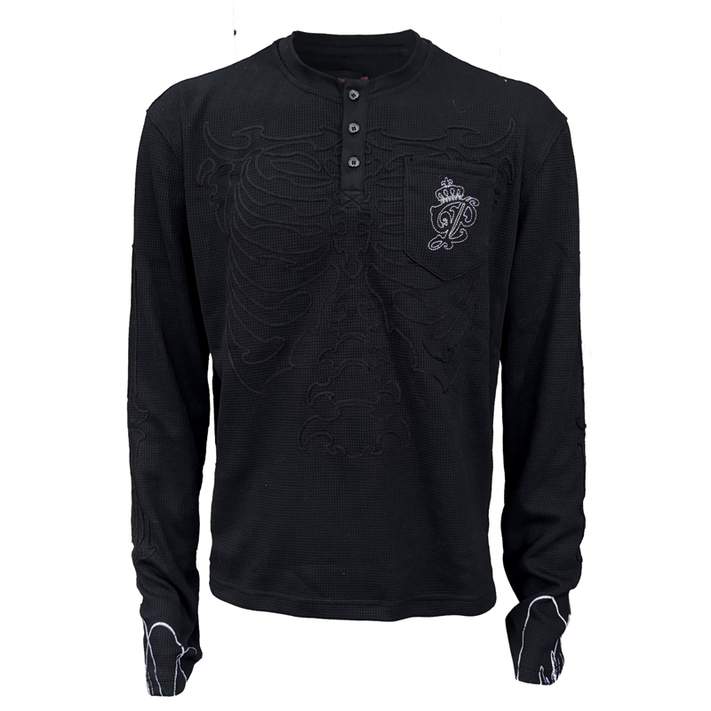 Pyropulse【Magic Bone】Dark Floral Rope Embroidery Waffle Knit Henley Shirt for Men with Buttons, Heavy Craft Long Sleeve Base T-Shirt
