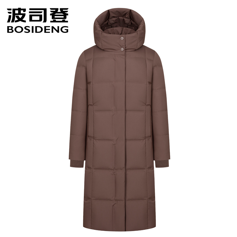 Bosideng New Winter down Jacket for Women, Long Over-The-Knee Business Style, Goose Down, Simple Hooded Warm Coat for Commuting
