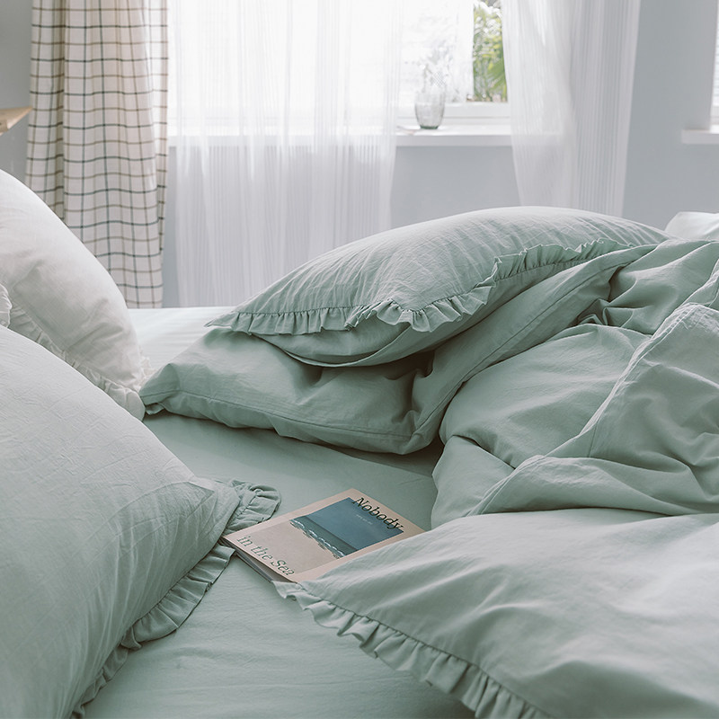 Cotton solid color lace wash cotton four-piece net red bed sheet quilt cover plain bedding four-piece bedding