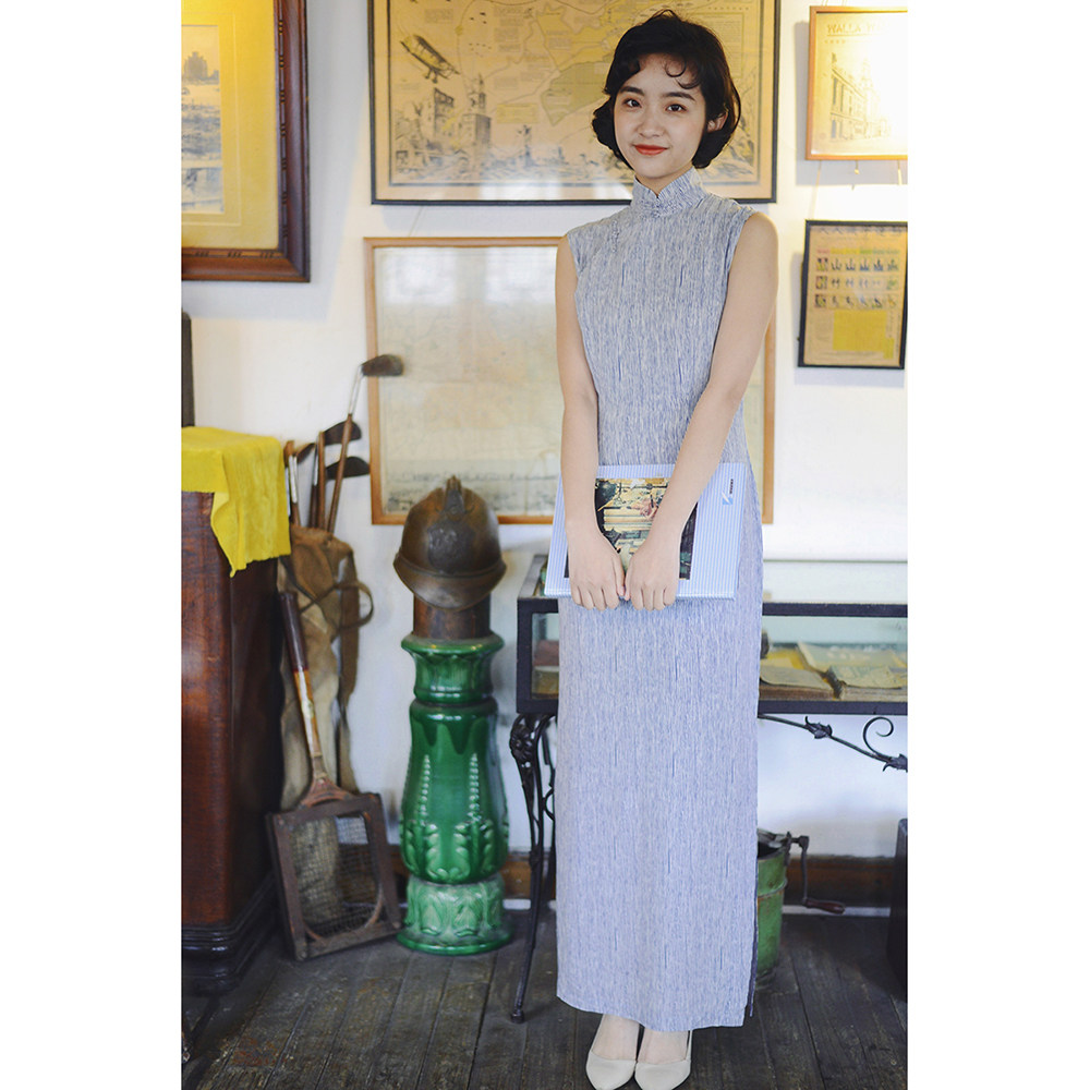 Jasmine Qipao Spring Summer Completely Sleeveless Half Open Flap Long Version Retro Daily Printed Stretches Silk Qipao Robe