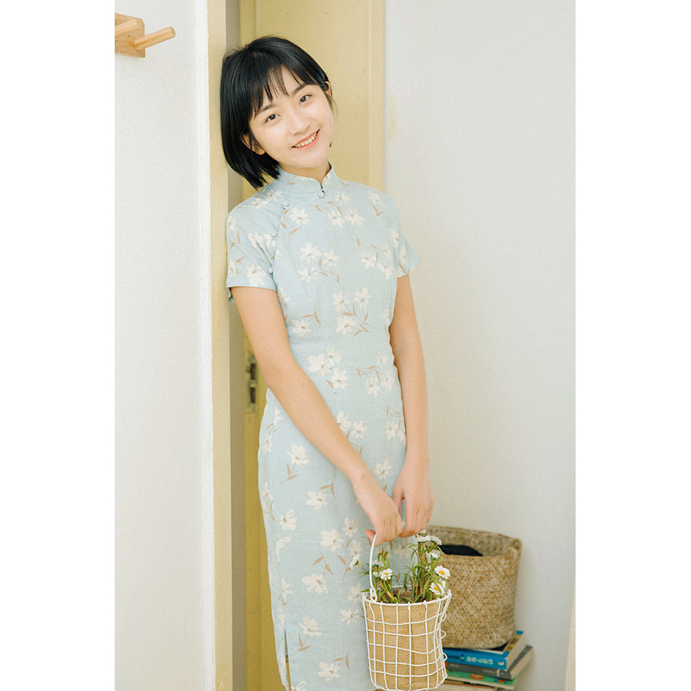 (50% off please consult) Jasmine short sleeves with sleeves short vintage literary daily print linen cheongsam small white flowers