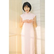 Jasmine cheongsam spring and summer small sleeve half open long retro Daily solid color bamboo linen cheongsam vanilla