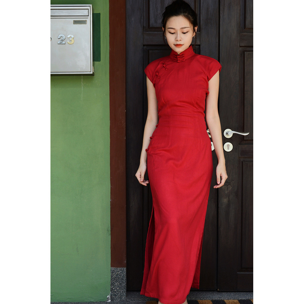 Jasmine Spring Summer Autumn Sleeveless Medium Long Literary Retro Daily Improved Solid Color Cotton Silk Cheongsam Add Fragrance - Red