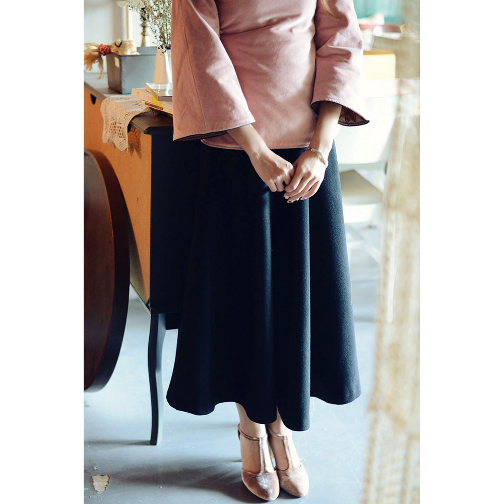 (5 fold please consult) MOMOTOB PURE COLOR WOOL Half Body Dress Oversized Swing Long Skirt Black Wine Red