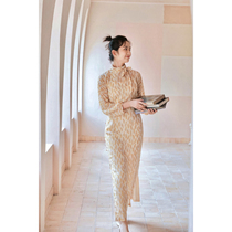 Jasmine cheongsam eight-point sleeve full open long retro literary daily printing chiffon cheongsam wheat ears