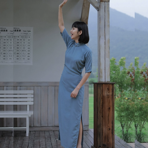 Летнее длинное ретро цветное ципао, жасминовый принт, средней длины