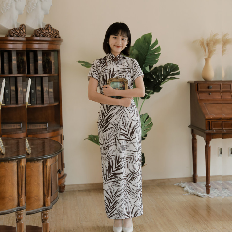 Jasmine spring and autumn short-sleeved half-cardigan mid-length retro daily printed linen cheongsam leaf shadow