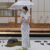 Jasmine cheongsam August new small sleeve side zipper mid-length retro daily print linen cheongsam violet year