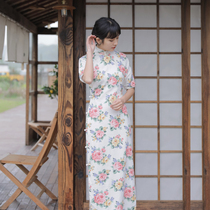 Jasmine cheongsam new four-point sleeve full open long retro daily printed linen cheongsam