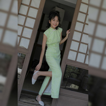 Jasmine cheongsam spring and summer new small sleeve half open long retro daily printed linen cheongsam lime