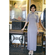 Jasmine cheongsam spring and summer four points with sleeves without Province full open long retro jacquard copper ammonia silk cheongsam Qu water