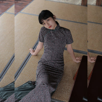 Momo Cheongsam Spring and Autumn three-part one-sleeve full opening mid-length retro artistic daily chiffon cheongsam LAN Yin