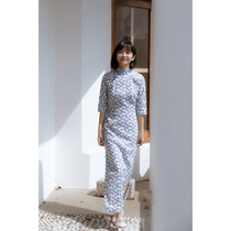 Jasmine cheongsam six-point sleeve full open long retro literary daily printing linen cheongsam wilderness