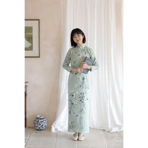 Jasmine cheongsam eight-point sleeve full open long retro literary Daily printed linen cheongsam looking for grass