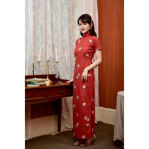 Jasmine cheongsam spring and autumn short sleeve full open long retro daily printed linen old cheongsam