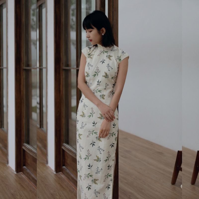 Jasmine qipao spring autumn small with sleeves full open flap mid-length version retro art daily printed linen flag robe court