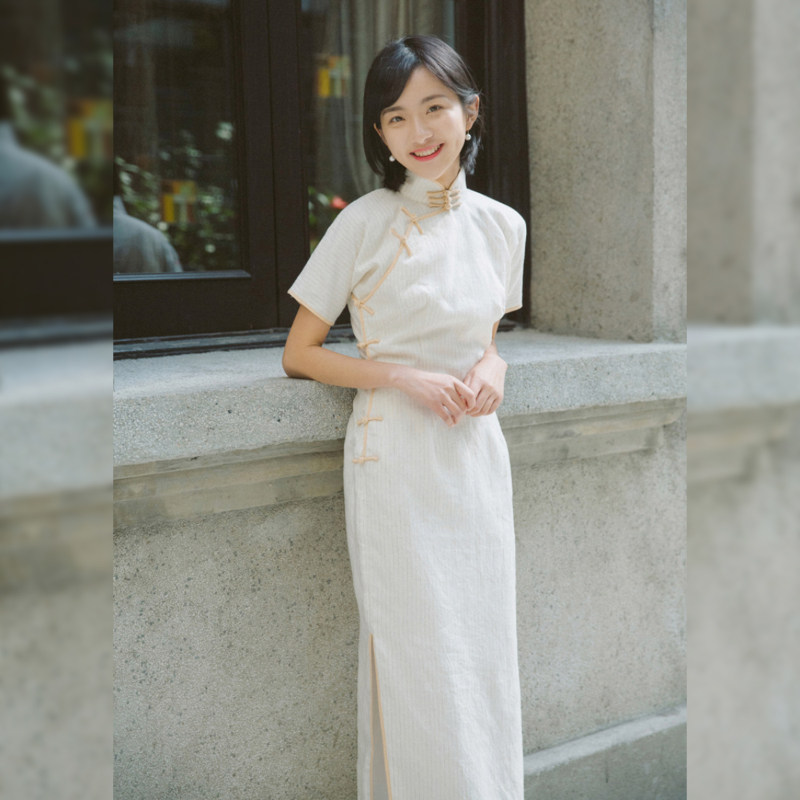 Jasmine cheongsam spring and Autumn three-point sleeve half-open placket medium-long retro literary daily linen cheongsam Angelica