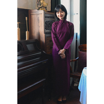Jasmine cheongsam spring and Autumn nine points with sleeves half placket long retro daily solid color Linen Cheongsam purple kite