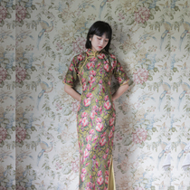 Jasmine September autumn season new four-point sleeve full open long retro daily printing flax old cheongsam Magnolia