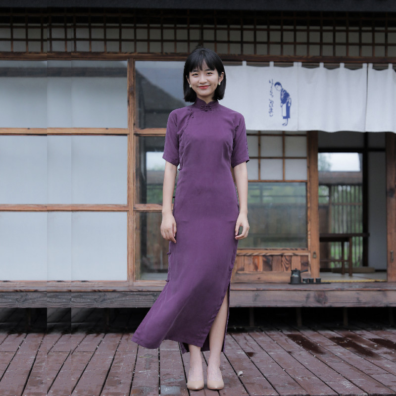Jasmine qipao Spring Summer 40% Even sleeves full open flap Long version retro daily pure color bronze ammonia silk old qipao if purple