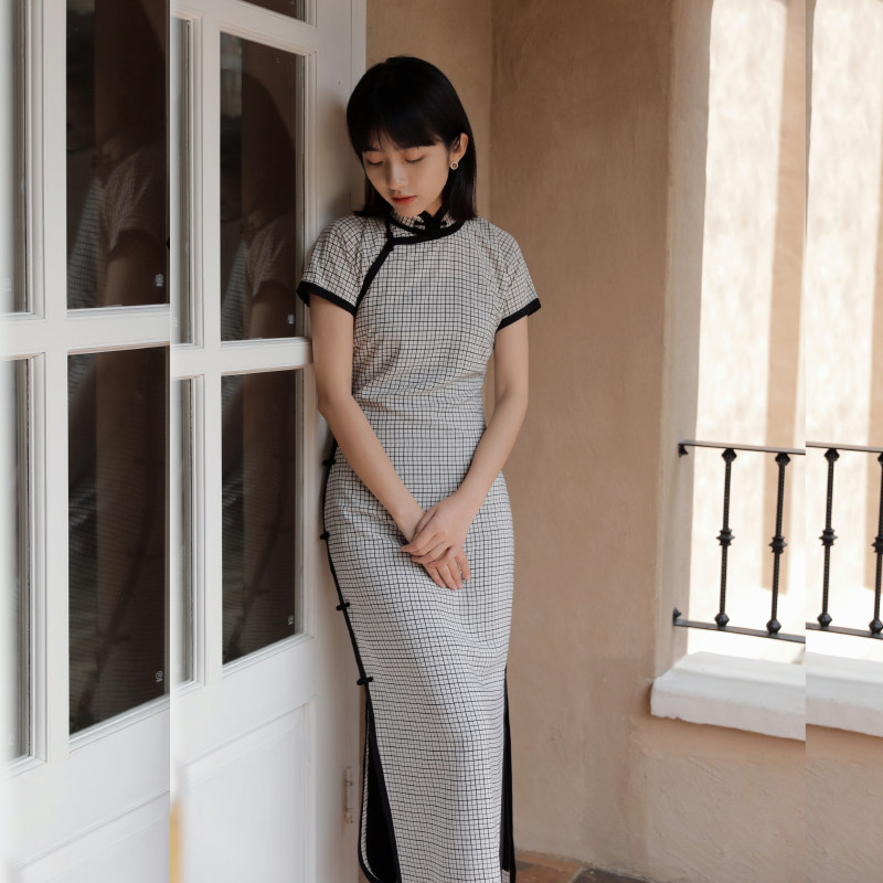 Momo Cheongsam Spring and Autumn Short-sleeved and full-sleeve full open-front wide wrap-around mid-length vintage chiffon cheongsam Wen Qi