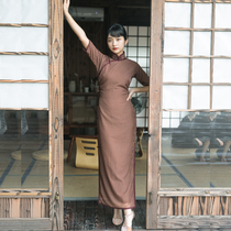 Jasmine Spring and Autumn Four points with sleeves full open placket wide hem long retro literary daily velvet cheongsam long memory