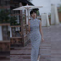 Jasmine cheongsam spring and summer new products completely sleeveless half-open long retro chiffon cheongsam freesia