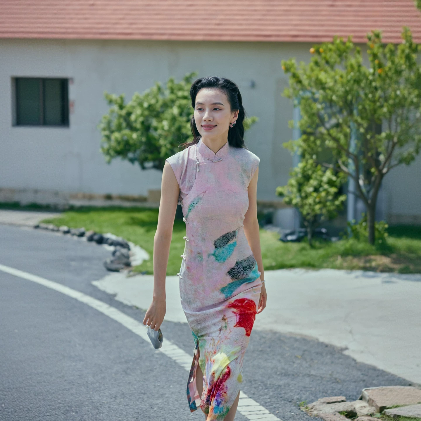 茉茉旗袍 Xia Xin small sleeves with darts and half placket, long version, retro daily positioning floral cotton silk, blooming flowers