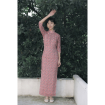 Jasmine cheongsam six-point sleeve full open long retro literary daily printing linen cheongsam sister