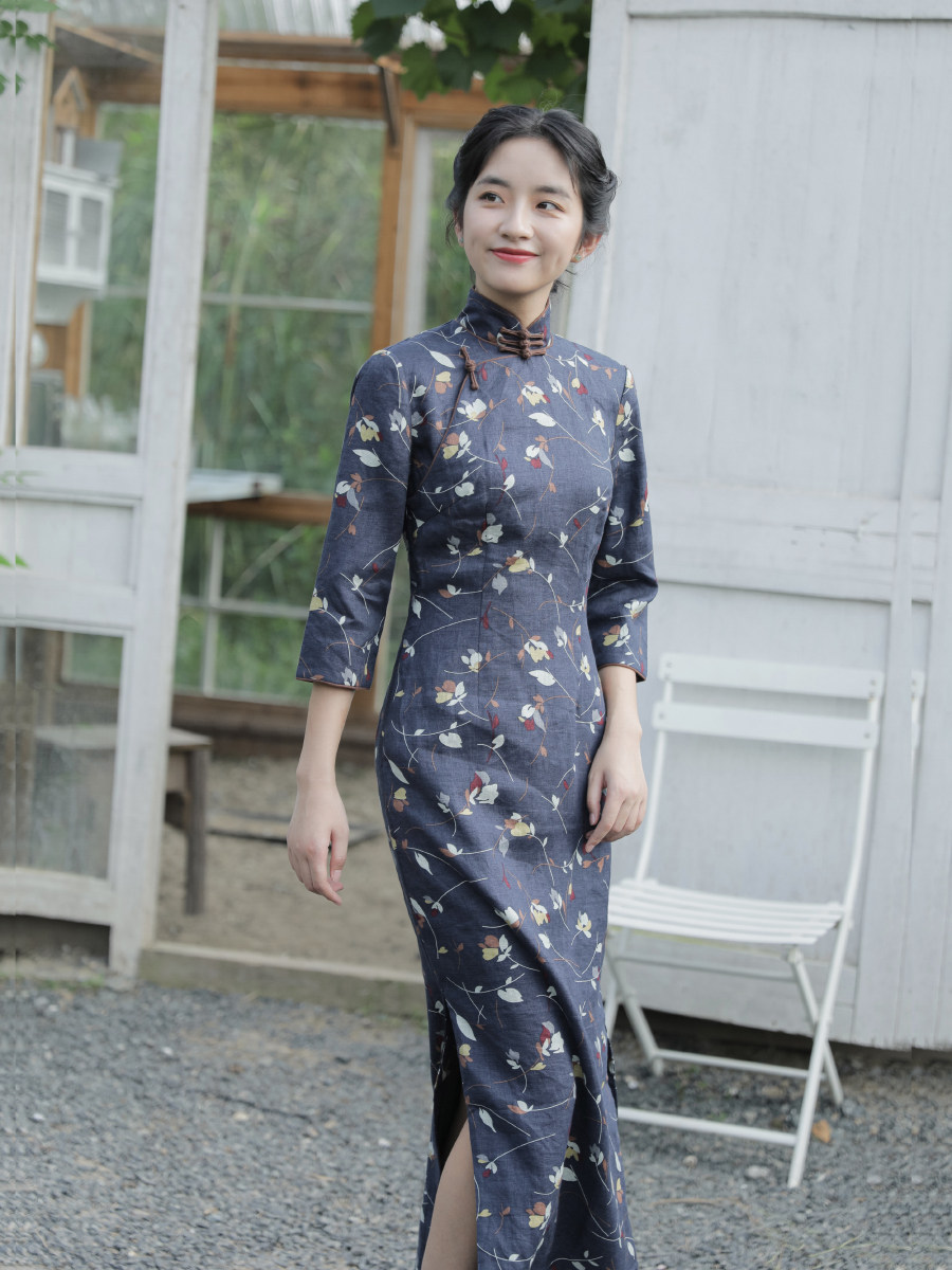 Jasmine spring and autumn three-point sleeve side zipper mid-length retro daily printed linen cheongsam with vines