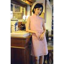 Jasmine cheongsam square corner sleeveless short light Chinese commuter solid color lace dress Sakurafi