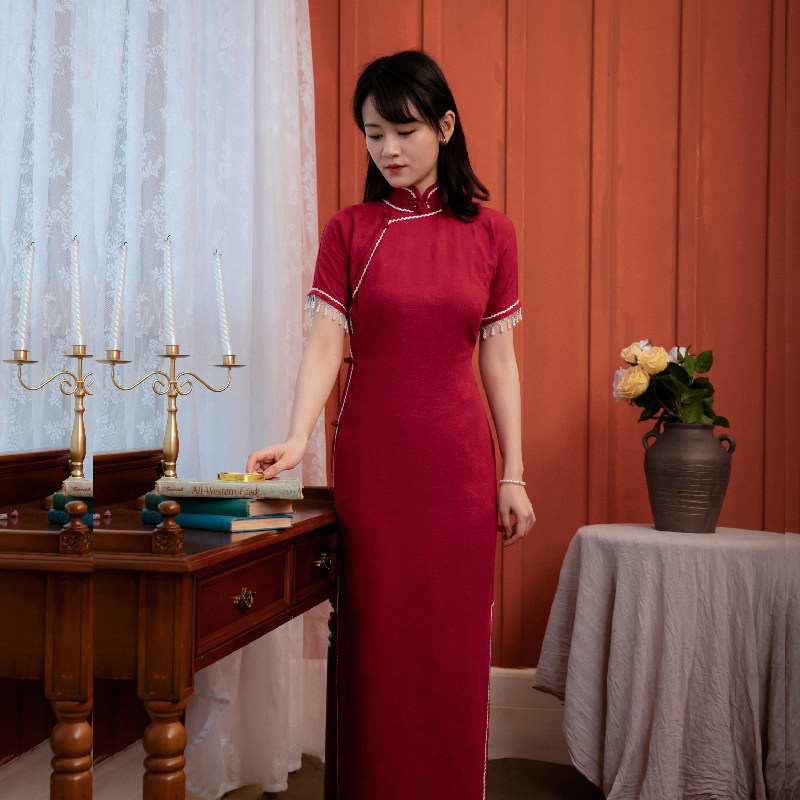 Jasmine spring Summer 30% Lions full open flap Long version of retro jacquard Man Silk Qipao Pearl Shade Red Makeup