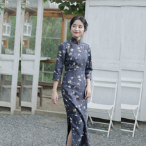 Jasmine September autumn season new seven-split sleeve side zipper long retro daily printed linen cheongsam
