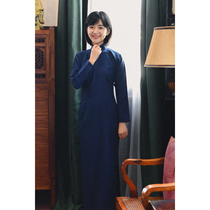 Jasmine cheongsam spring and Autumn nine points with sleeves half placket long retro daily solid color linen cheongsam blue roll