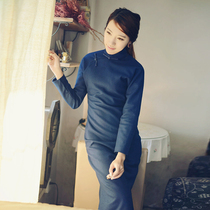 Jasmine cheongsam long sleeve long retro flat cut daily commuter Solid color wool cheongsam navy blue OL