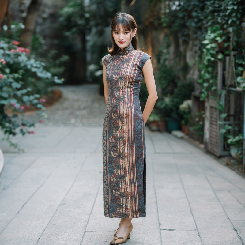 Jasmine qipao spring and autumn small sleeves semi-open placket long retro literary daily print linen qipao old bridge