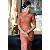 Jasmine cheongsam four-point sleeve half-open placket medium-long retro literary daily printing Linen cheongsam Dan Kwai